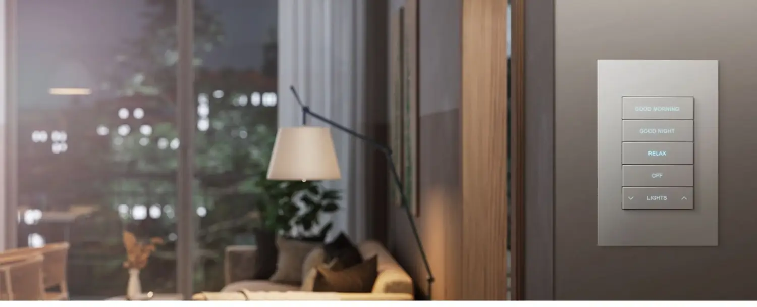 Designer keypad on a living room wall at night