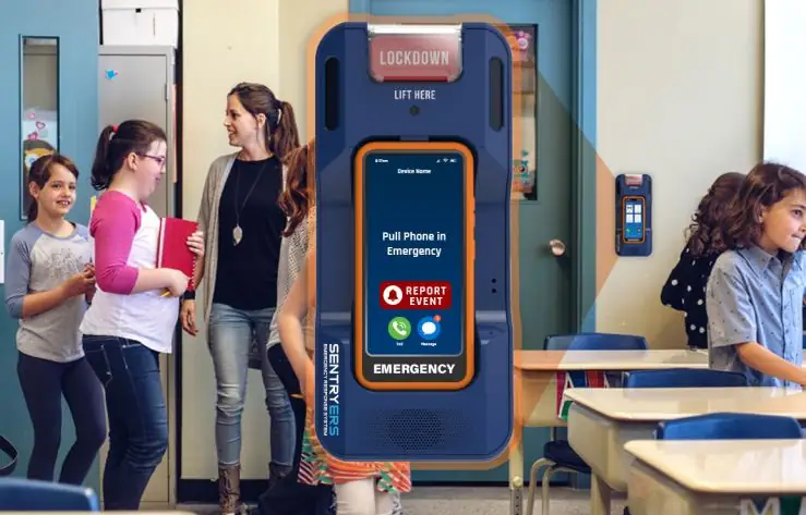Wall-mounted emergency alert button in a classroom